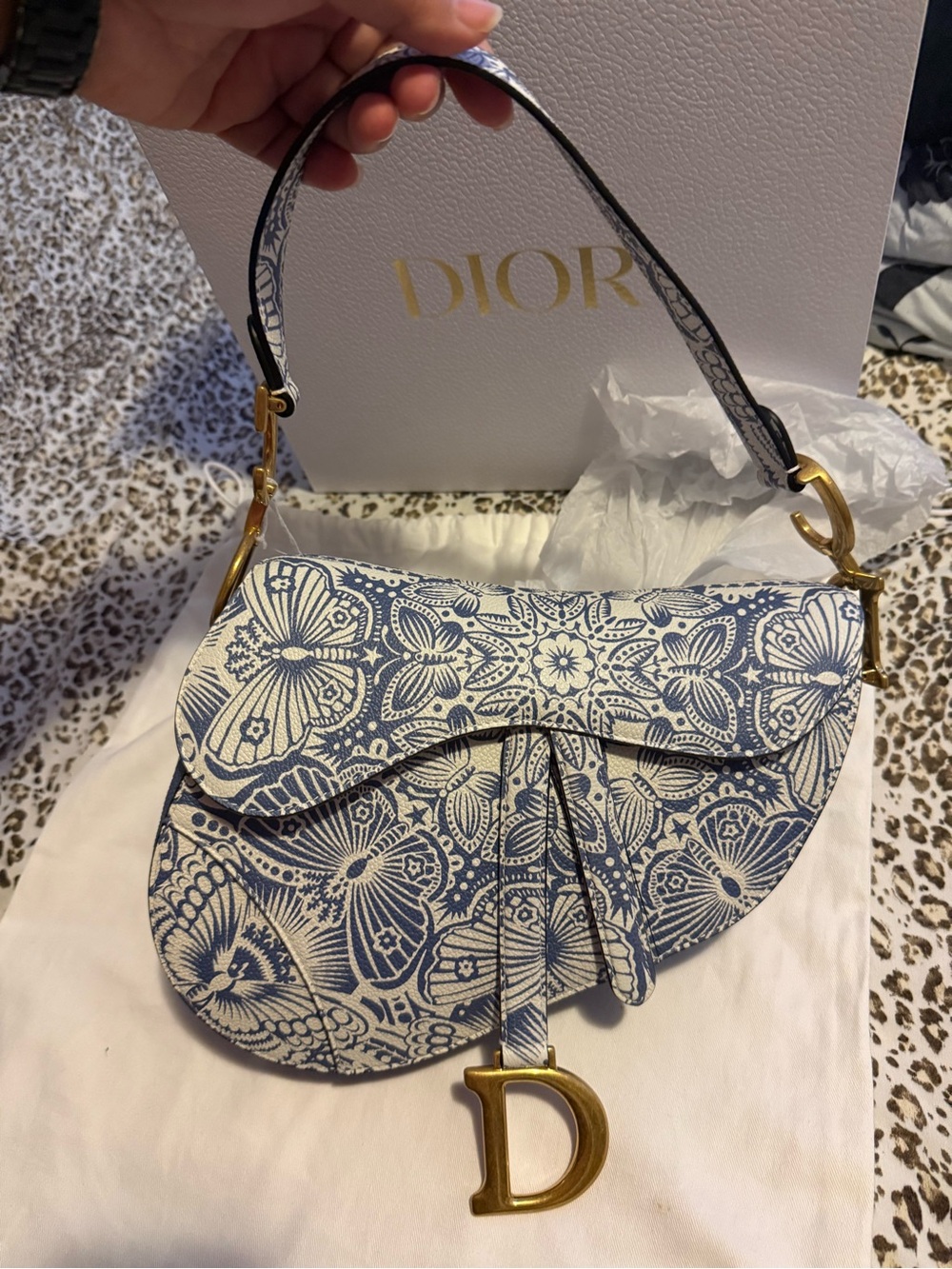 Dior White & Blue Floral Saddle Bag with Gold 'D' Charm